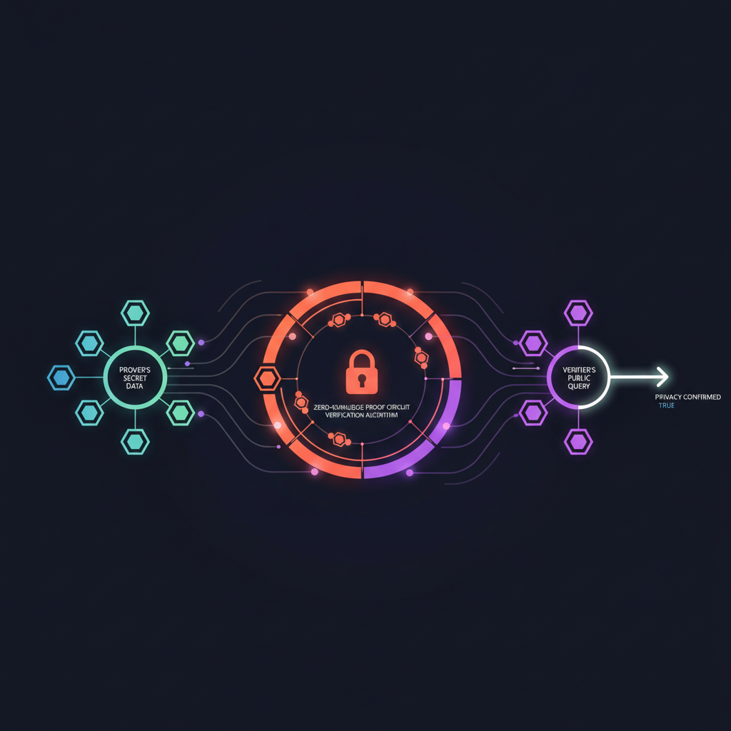 abstract cryptographic zero-knowledge proof circuit verifying data privacy, glowing nodes on dark background