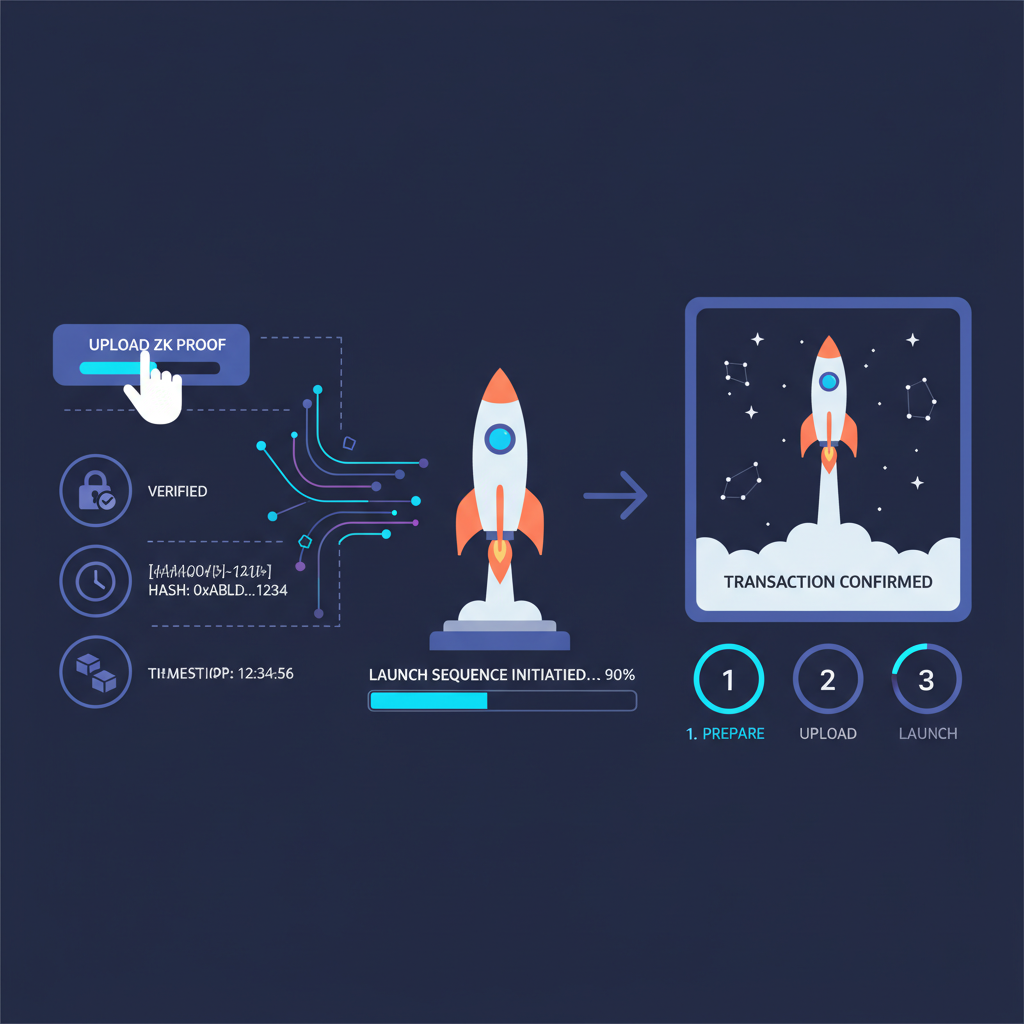 uploading ZK proof with metadata icons like hashes and clocks, rocket launch interface, dynamic motion