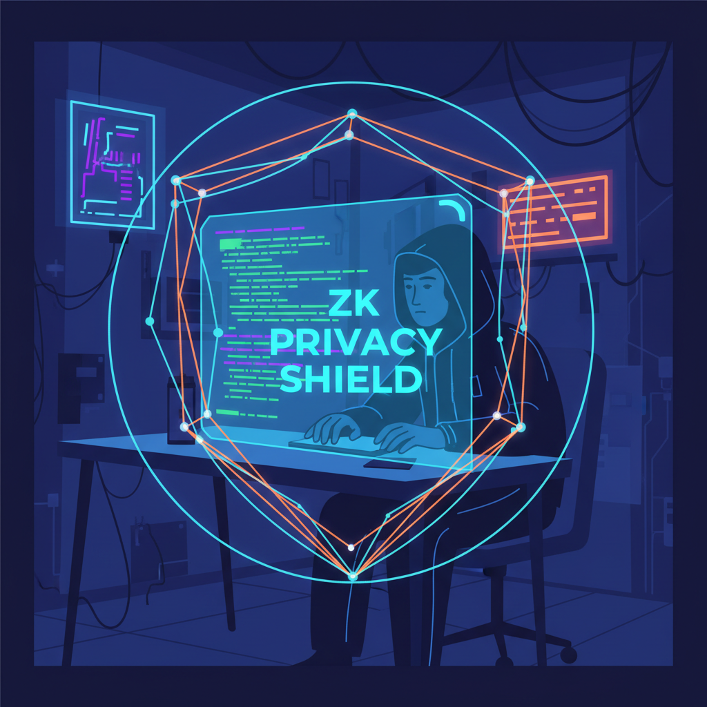 hacker analyzing smart contract code on holographic screen, zk privacy shield, dark cyberpunk vibe