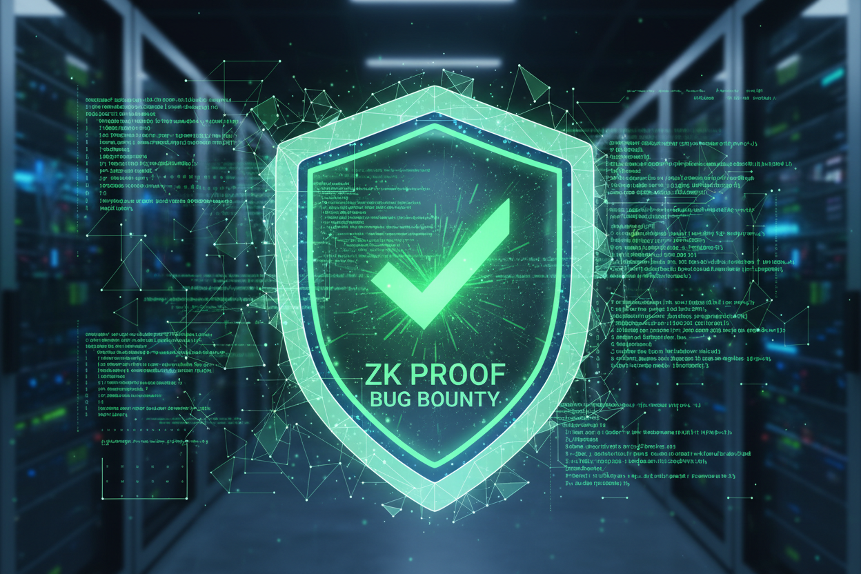Abstract visualization of a cryptographic lock shielding vulnerable smart contract code with a green checkmark verifying Web3 bug bounty claim using ZK proofs