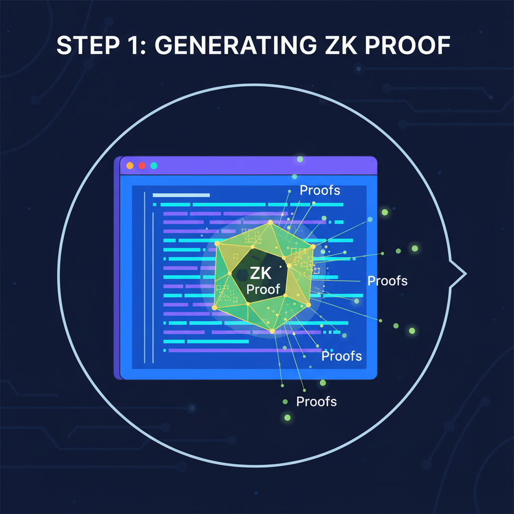 Digital computation generating ZK proof, glowing cryptographic hashes and proofs emerging from code, sci-fi visualization