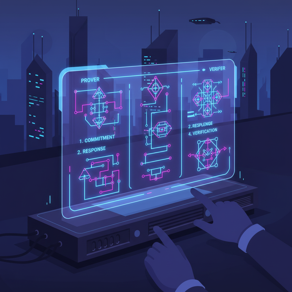 futuristic blueprint of ZK circuit diagram on holographic screen, neon blues and purples, cyberpunk style