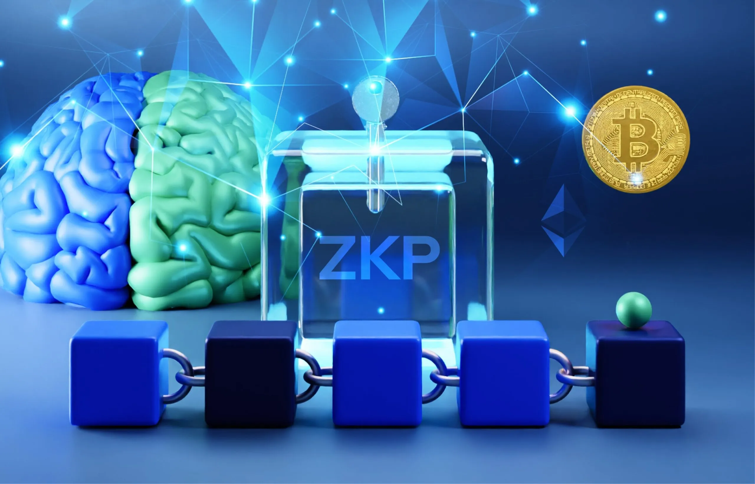 Abstract illustration of zero-knowledge proofs (ZK proofs) and AI neural networks securing Web3 bounty tasks with cryptographic shields for fraud-proof verification