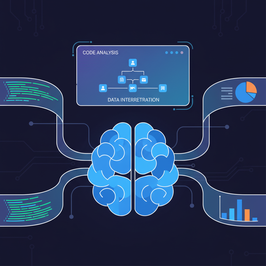 AI brain analyzing code and data streams, holographic display, sci-fi aesthetic