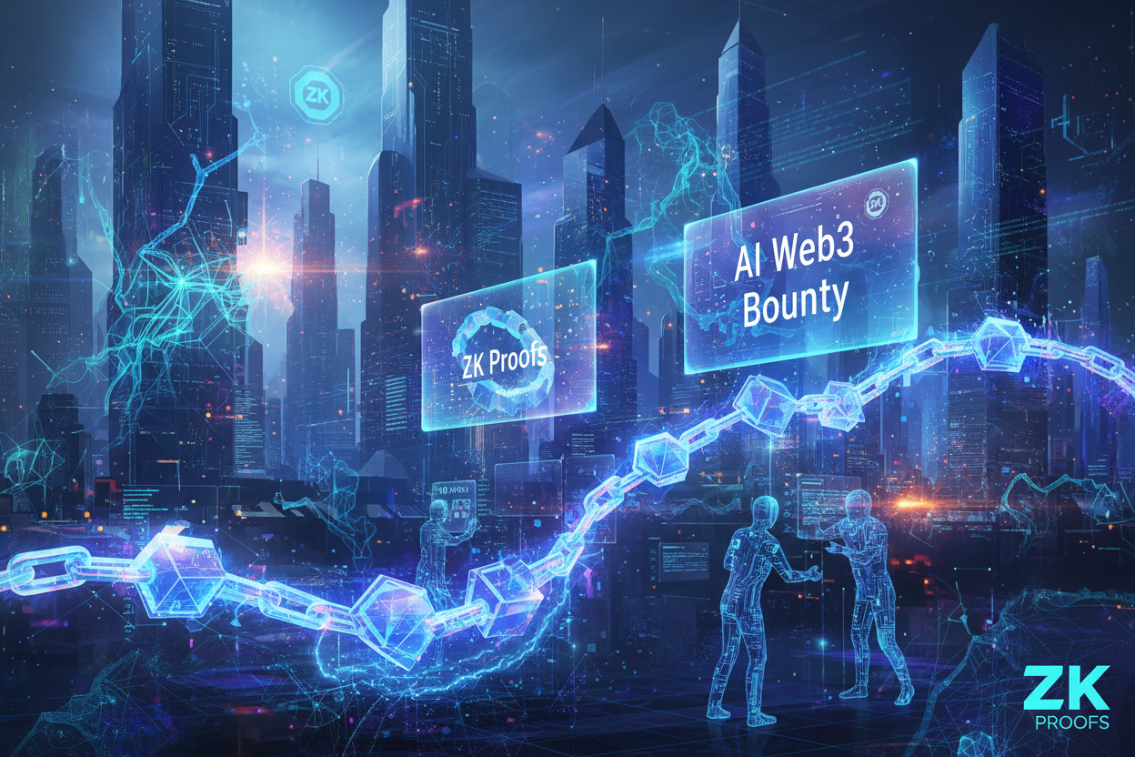 Futuristic illustration of zero-knowledge proofs (ZK) and AI securing a Web3 bounty platform with glowing chains, neural networks, and digital locks for fraud-proof verification