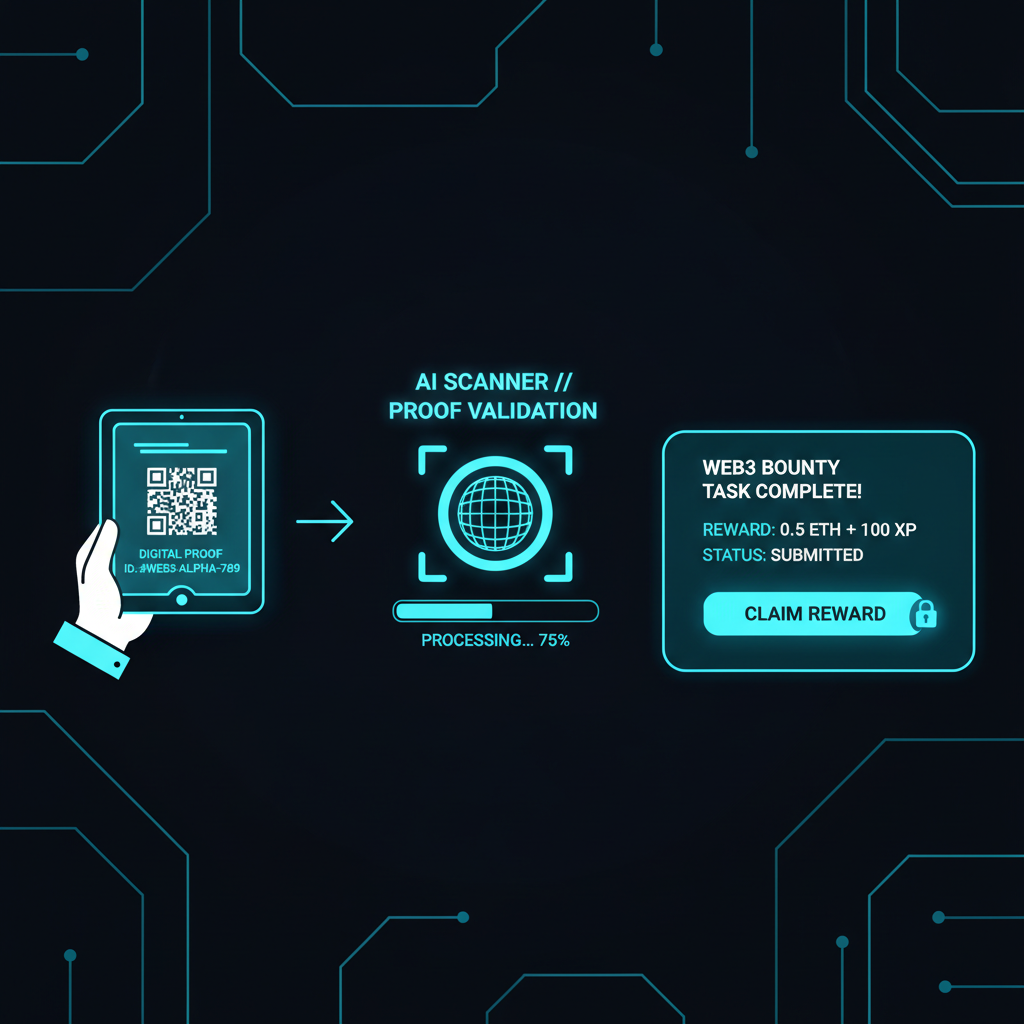 futuristic interface submitting digital proof to AI scanner, web3 bounty task, neon blue tones, clean UI