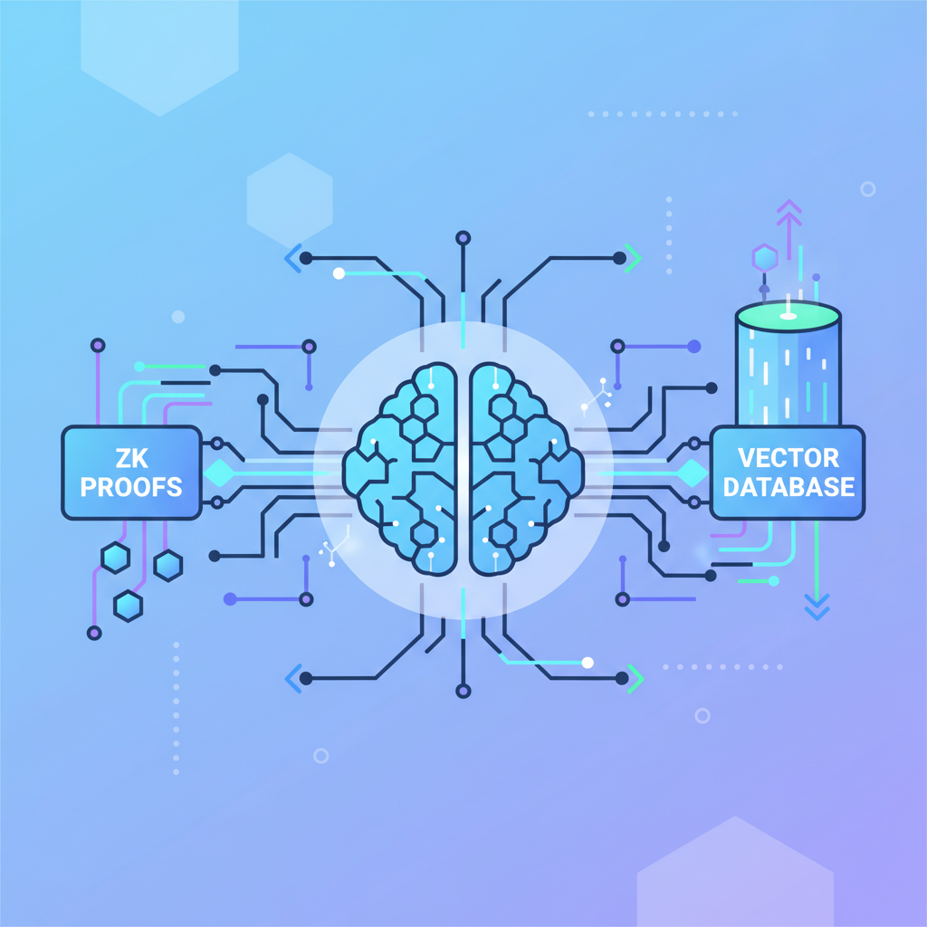 AI neural network analyzing ZK proofs and vector database, futuristic data flows, robot brain glowing