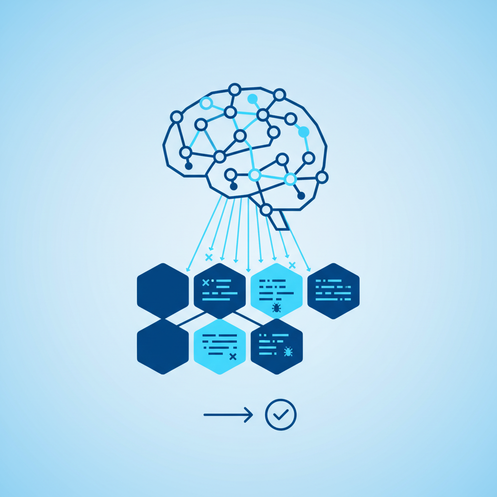 minimalist illustration of AI neural network scanning blockchain code for bugs, blue tones, clean lines