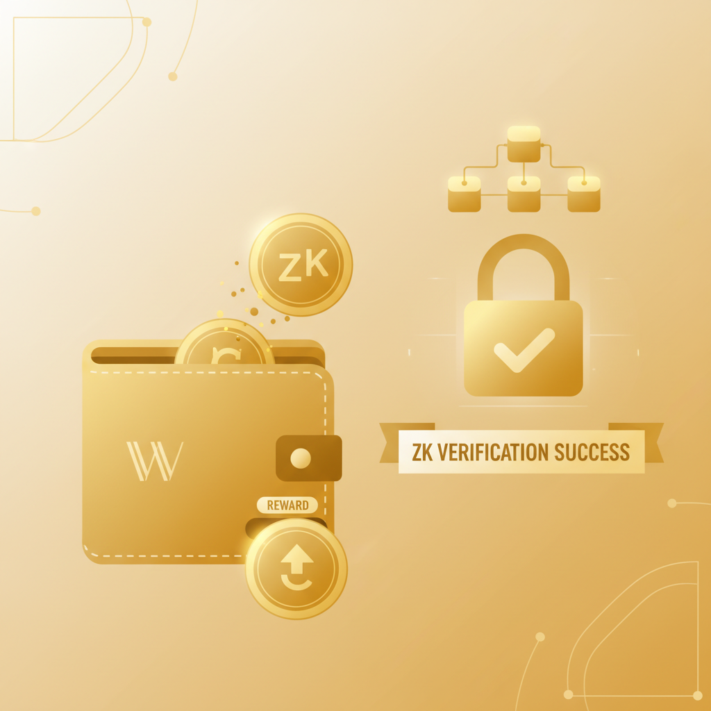 wallet receiving crypto reward after ZK verification success, secure lock icon, gold tones