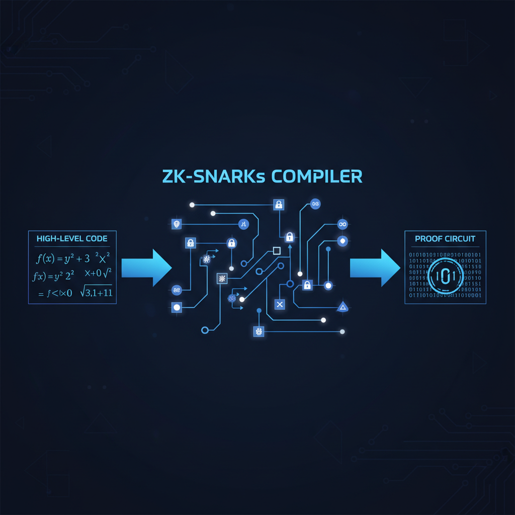 mathematical ZK proof circuit compiling, cryptographic symbols and nodes connecting, dark technical background
